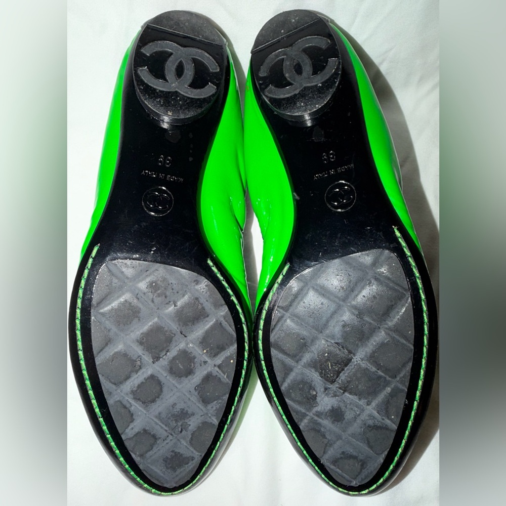 Chanel Neon Green Black Patent Ballerina Ballet Flat 39 Vintage - Picture 4 of 16